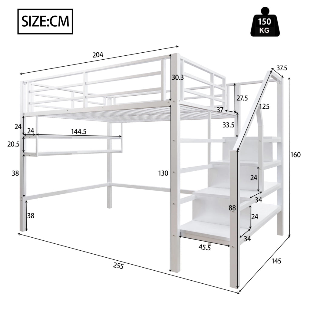 Letto a soppalco per bambini 140x200 cm con mensole; scala contenitore e barriera bianco