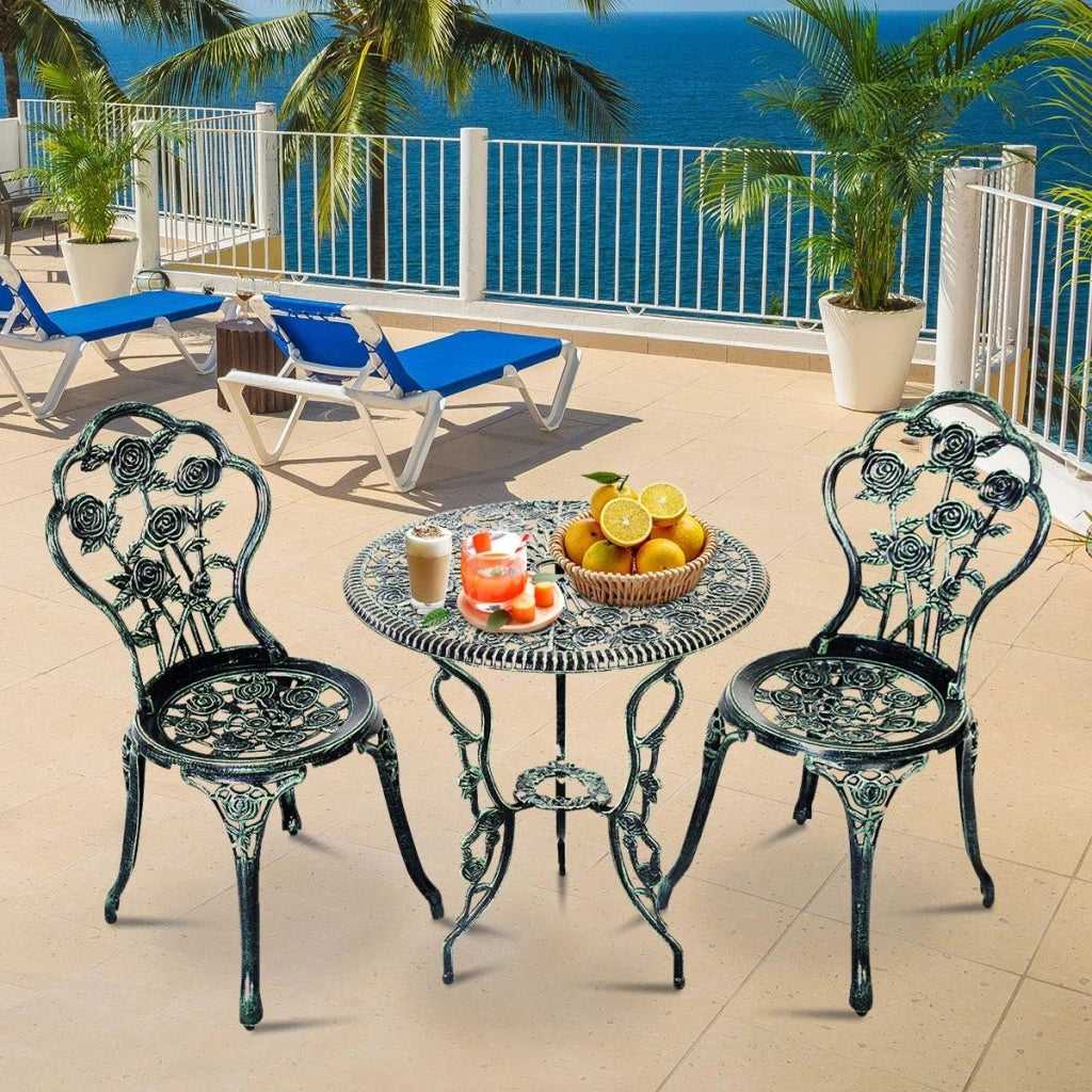 Set Tavolino e Sedie da Giardino, Set da Bistro con Sedie in Alluminio e Ghisa, Mobile da Esterno con Tavolino Rotondo e 2 Sedie, Tavolo Portato 45 kg, Sedia Portata 150 kg (Verde)