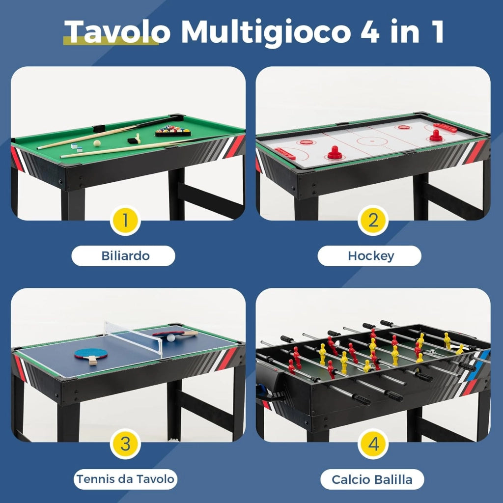 4 in 1 Tavolo da Gioco Multiuso, Tavolo da Calcio Balilla con Biliardo Hockey e Ping Pong, Set di Giochi con Accessori per Casa Feste Bar, 125x97x83 cm