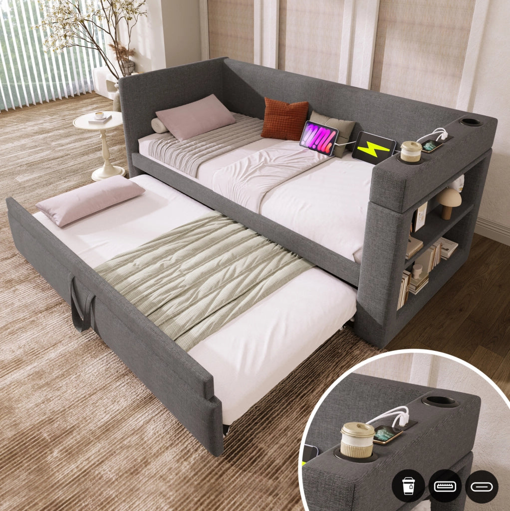 Divano letto ULEVR 90x190 cm con letto estraibile, USB, Type-C e portabicchieri, grigio