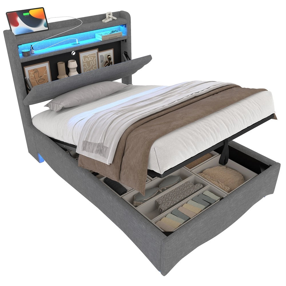 Letto Imbottito Contenitore con LED ¨C MINIMAL ¨C Tessuto Grigio, 90x200, Idraulico