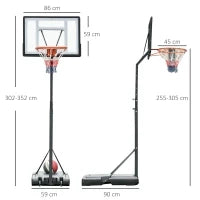 Canestro Basket per Adulti con Altezza Regolabile 302-352cm, Struttura in Acciaio, PE e PVC, Nero