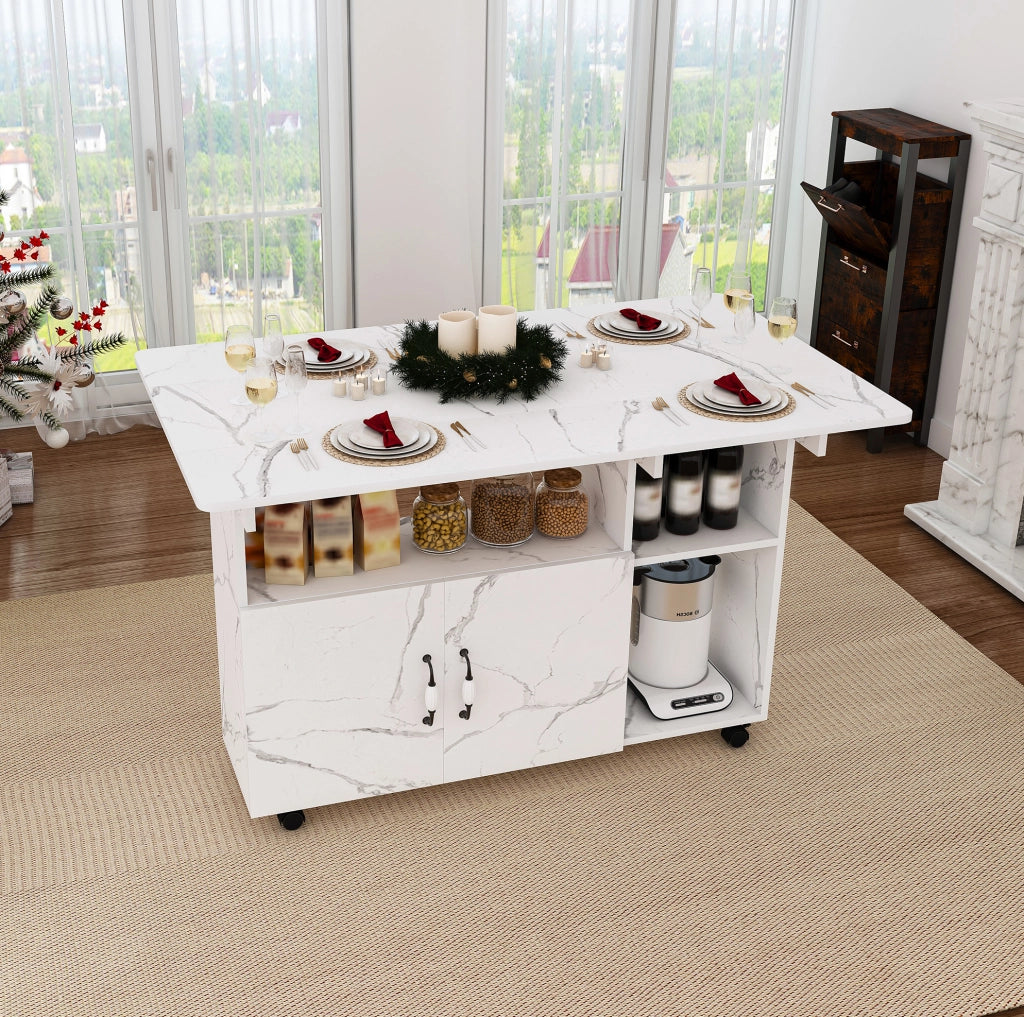Tavolo pieghevole mobile 3 in 1 110x70x80 cm in MDF bianco con 5 ruote e vani portaoggetti