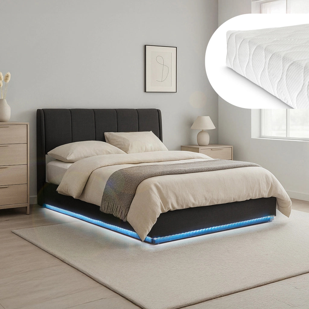 Letto Contenitore Tröstiar con Luce LED Letto Francese con Materasso 140x200 cm Nero [en.casa]