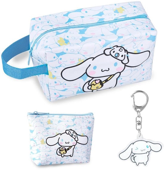 Borsa di cosmetici per ragazze, valigetta di viaggio con portafoglio, catena per chiavi, grande e carina borsa di trucco blu cartoon, valigetta in PU con cerniera, regali di Natale per regali di compleanno per bambini, donne e adolescenti.