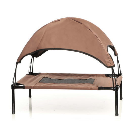 Brandina per cani e gatti con tettoia marrone, cuccia per cani max 50kg, lettino da esterno per animali con tettuccio parasole, 122x91x16cm