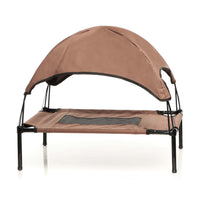 Brandina per cani e gatti con tettoia marrone, cuccia per cani max 50kg, lettino da esterno per animali con tettuccio parasole, 122x91x16cm