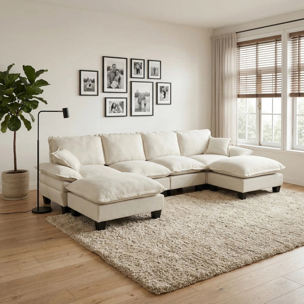 Divano Angolare 6 Posti in Tessuto Chenille con Ottomane ¨C MINIMAL ¨C Beige