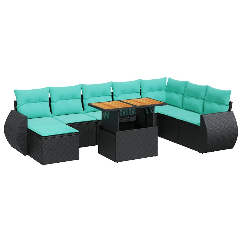 Set Divani da Giardino 9 pz con Cuscini Nero in Polyrattan