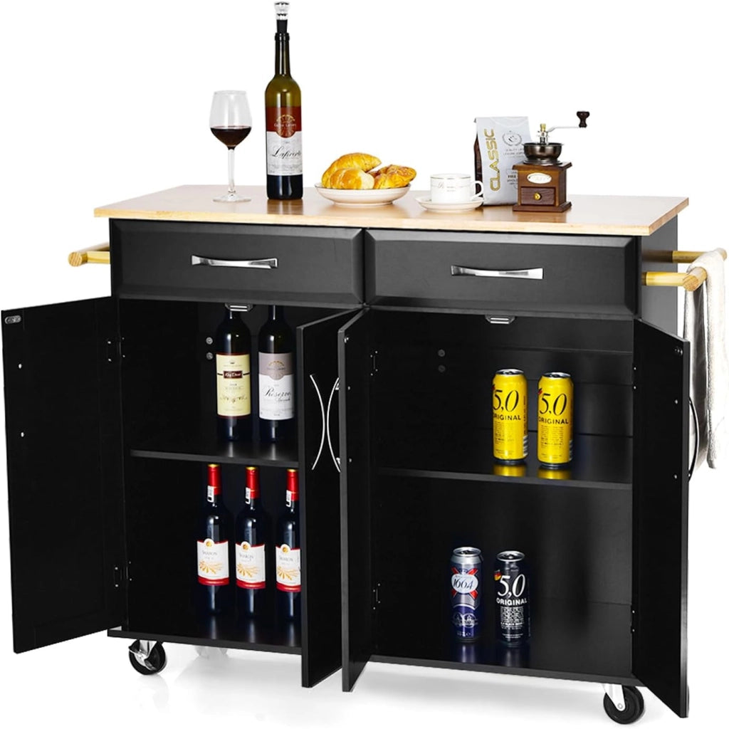 Carrello da cucina a isola con piano di lavoro, carrello da portata in legno con ruote bloccabili, trolley da cucina con 2 cassetti/portasciugamani/doppia porta, mobile da cucina (bianco)