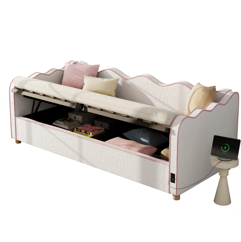 Letto daybed 90x200 cm con contenitore idraulico; presa USB e Type-C; bouclé beige