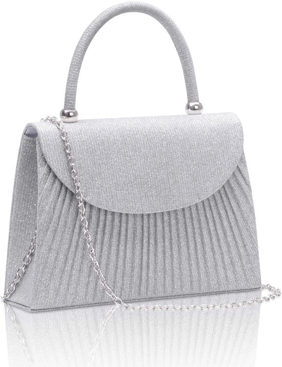 Clutch in Argento, Borsa a Mano con Catena Rimovibile, Spalla con Pailletti, Borsa da Sera Elegante, Borsa a Tracolla per Matrimonio, Festa, Cene 21x15x6CM