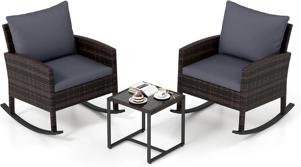 Set Salotto da Giardino in Rattan, Set Mobili da Eterno con 2 Poltrone a Dondolo, Tavolino in Vetro Temperato e Comodi Cuscini con Fodera Lavabile per Cortile e Balcone (Beige)