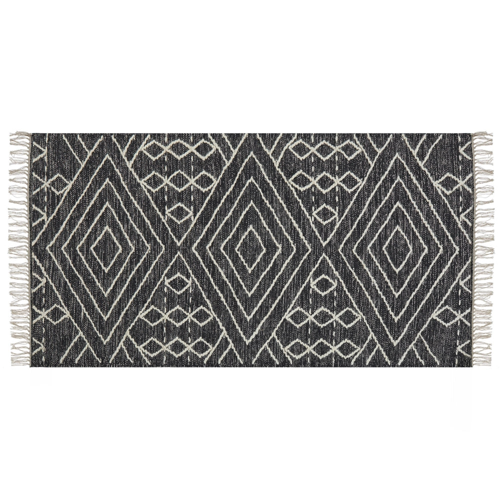 Tappeto in cotone bianco sporco nero 80 x 150 cm motivo geometrico nappe tribale orientale moderno