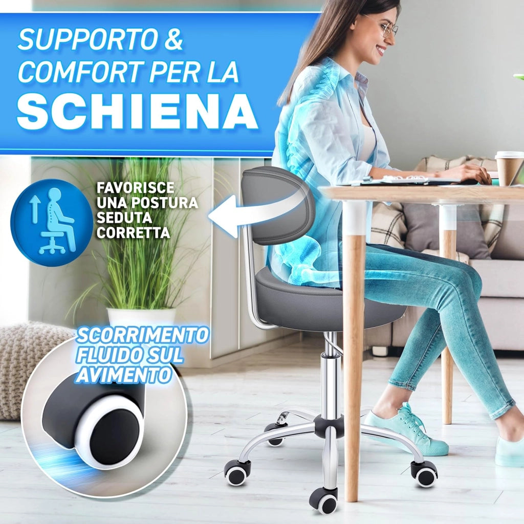 Sgabello Rotante Con Schienale Rosso Vino | Regolabile in Altezza 46-58 Cm | Girevole Con Rotelle | Sedia Da Ufficio Cosmetica (Grigio)