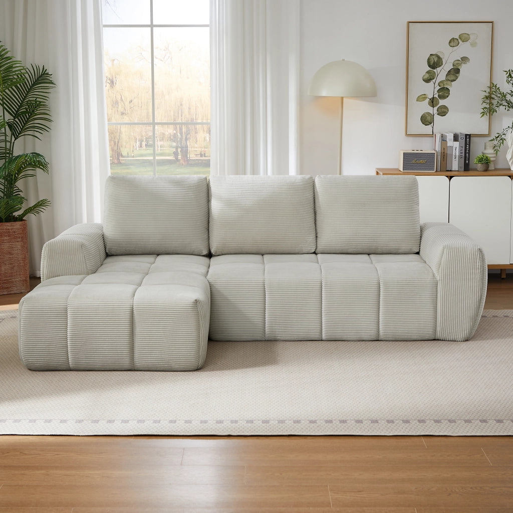 Divano angolare modulare con design capitonné e forma flessibile, senza montaggio, in velluto a coste beige
