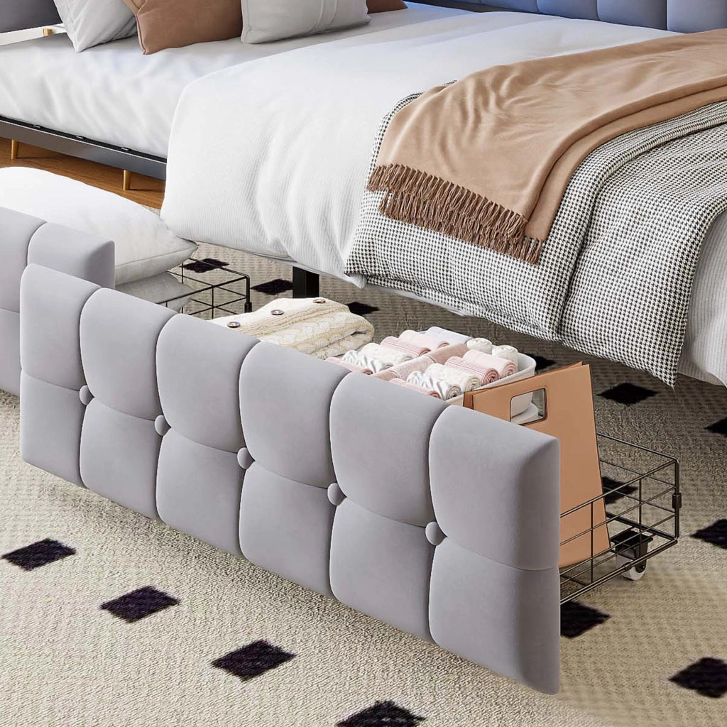 OKWISH Letto Divano 90×200 cm, Letto Singolo con 2 Cassetti, LED Regolabile e USB e Tipo C, senza Materasso, in Tessuto, Grigio
