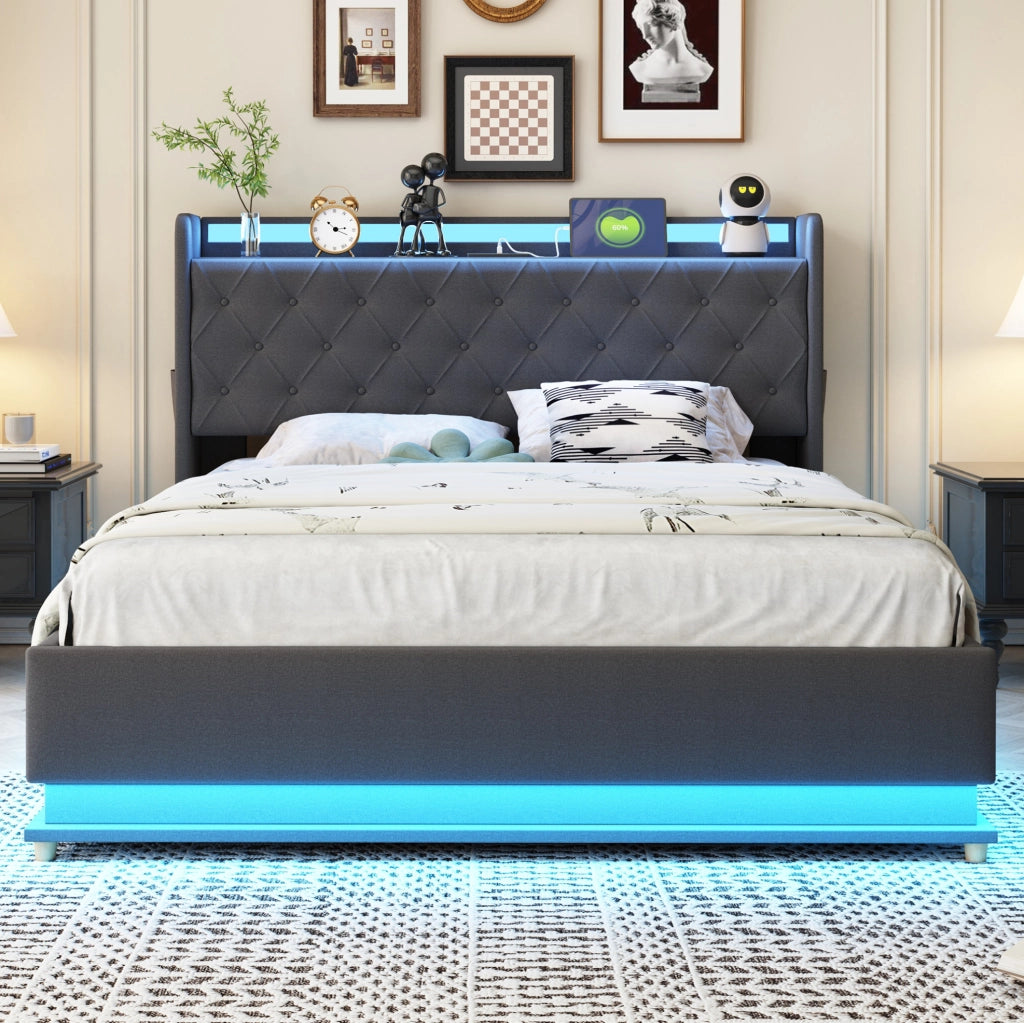 Letto imbottito 140x200 cm con LED multicolore, USB e contenitore idraulico grigio