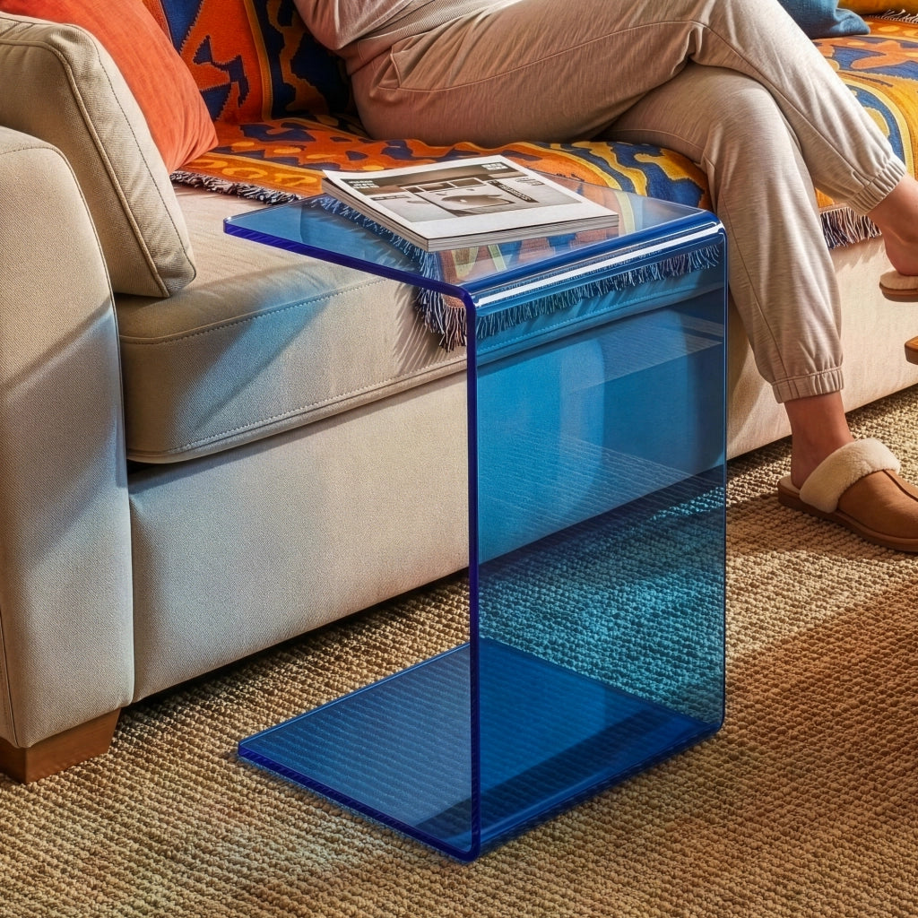 Tavolino Laterale Trölmapilu a Forma di C in Vetro 60 x 40 x 40 cm - Blu [en.casa]