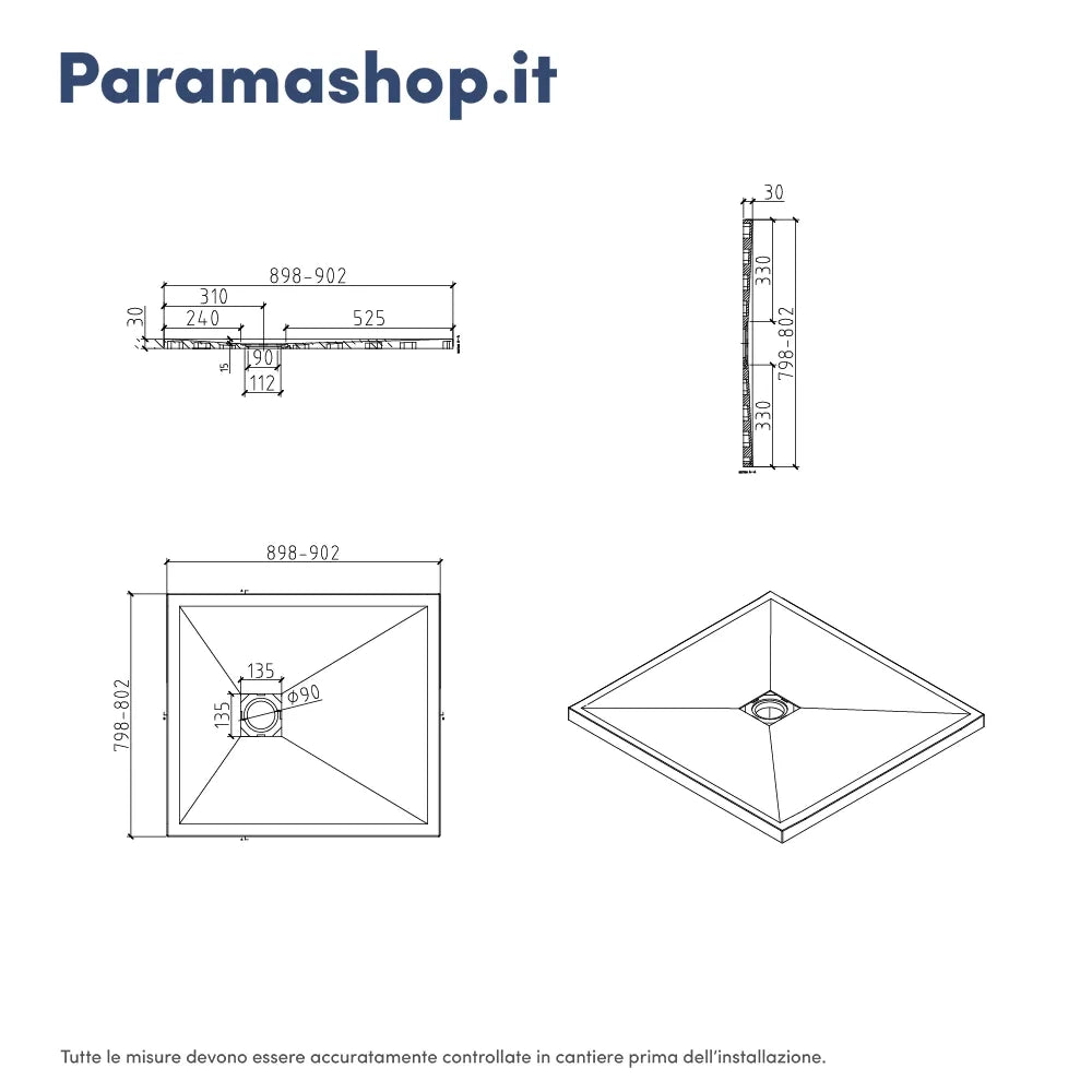 Piatto doccia rettangolare 80x90 cm in marmoresina bianco effetto pietra h3 cm | Milos