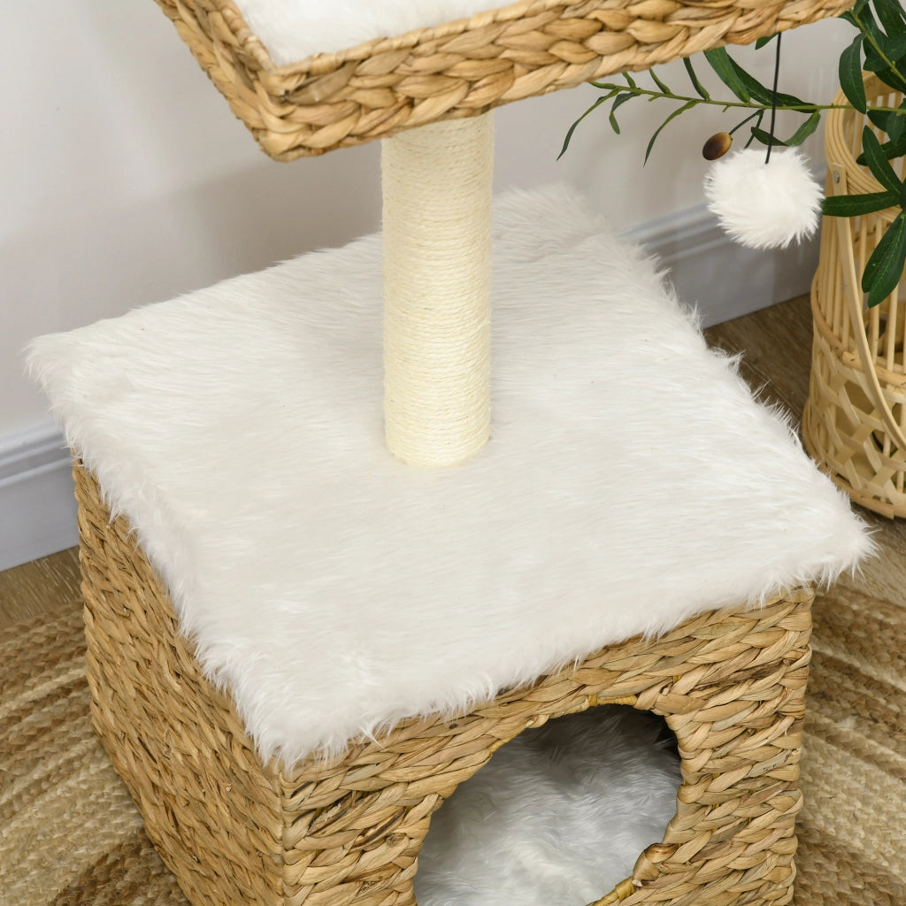 Tiragraffi per gatti 2 livelli con nicchia, palo sisal, piattaforma e pompon ¨C zephmum ¨C naturale