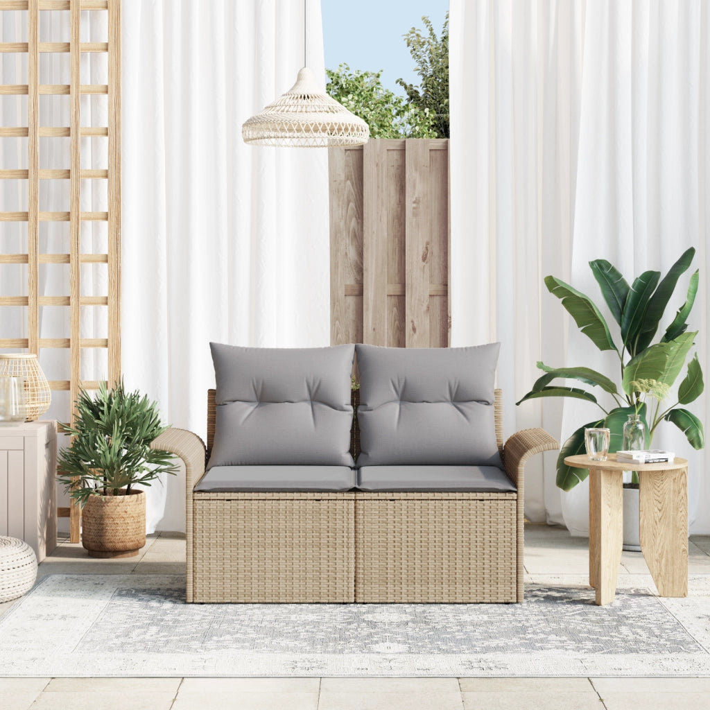 Divano da Giardino a 2 Posti con Ripostiglio e Cuscini Beige in Rattan Poliestere