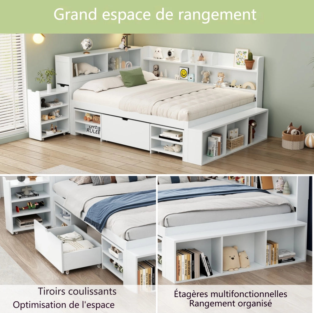 Letto per cameretta ULEVR 140x190 cm con cassetti e ripiani, rete a doghe inclusa, bianco