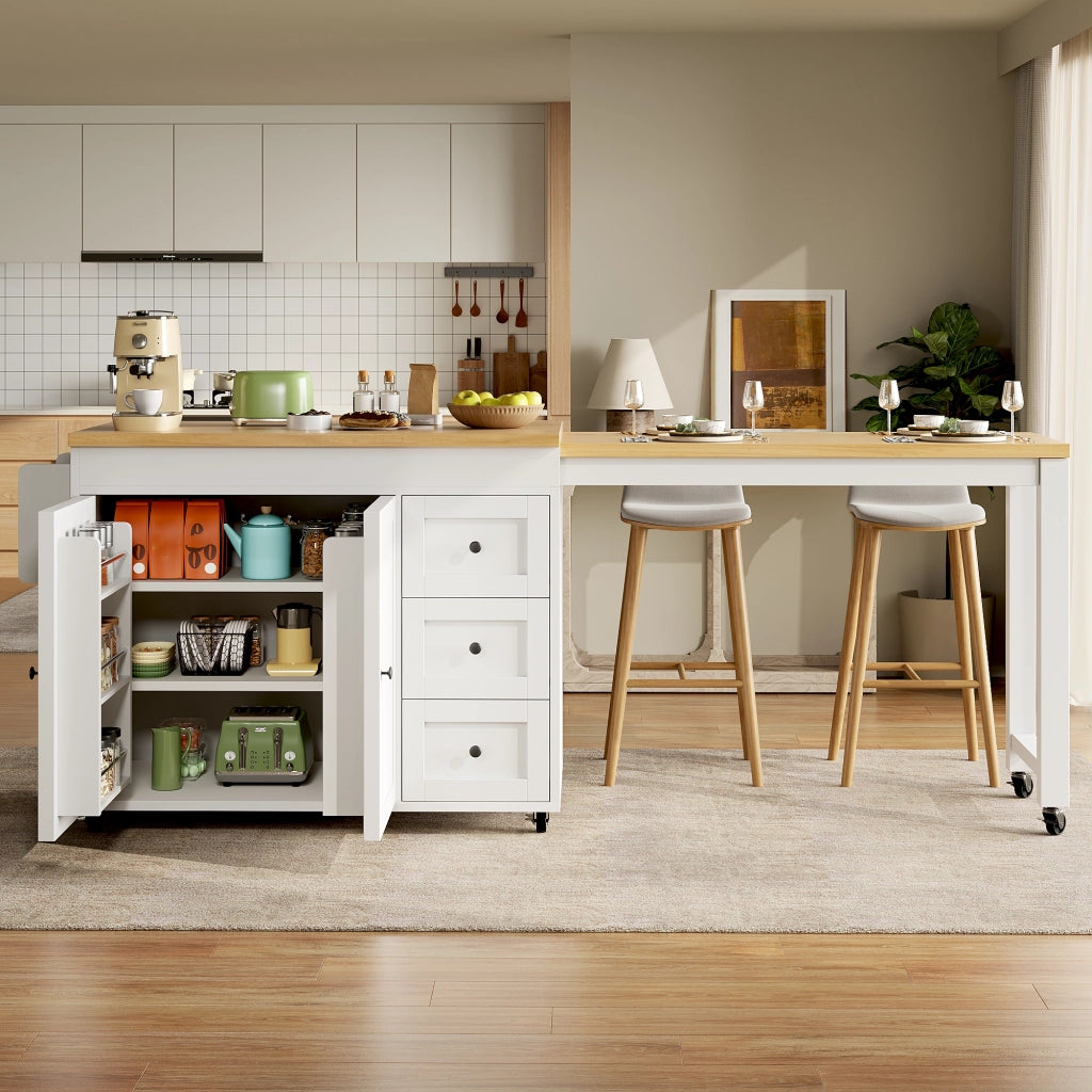 ISOLA CUCINA ESTENSIBILE 116-179,5 cm CON 3 CASSETTI BIANCA SU RUOTE