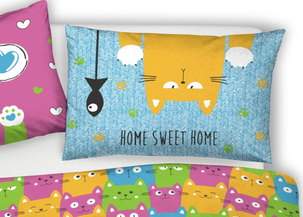 Copripiumino Sacco Piumone Pensieri Delicati Cotone Disegno Happy Cat Multicolor - Singolo - Multicolor