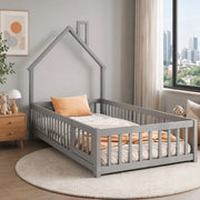 DESMIU Letto casetta letto singolo 90 × 200 cm con barriera di sicurezza e forma camino, senza materasso