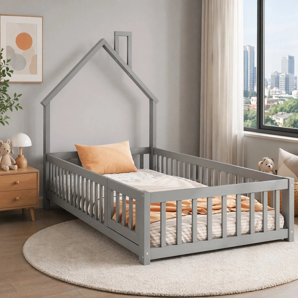 DESMIU Letto casetta letto singolo 90 × 200 cm con barriera di sicurezza e forma camino, senza materasso