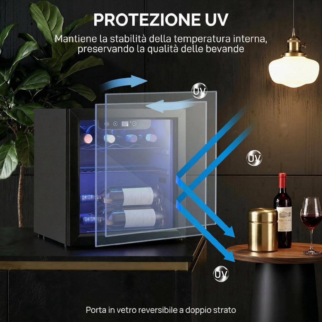 Cantinetta Vino Refrigerata 12 Bottiglie 36L Temperatura Regolabile 4-16°C con Vetro Anti UV Nero