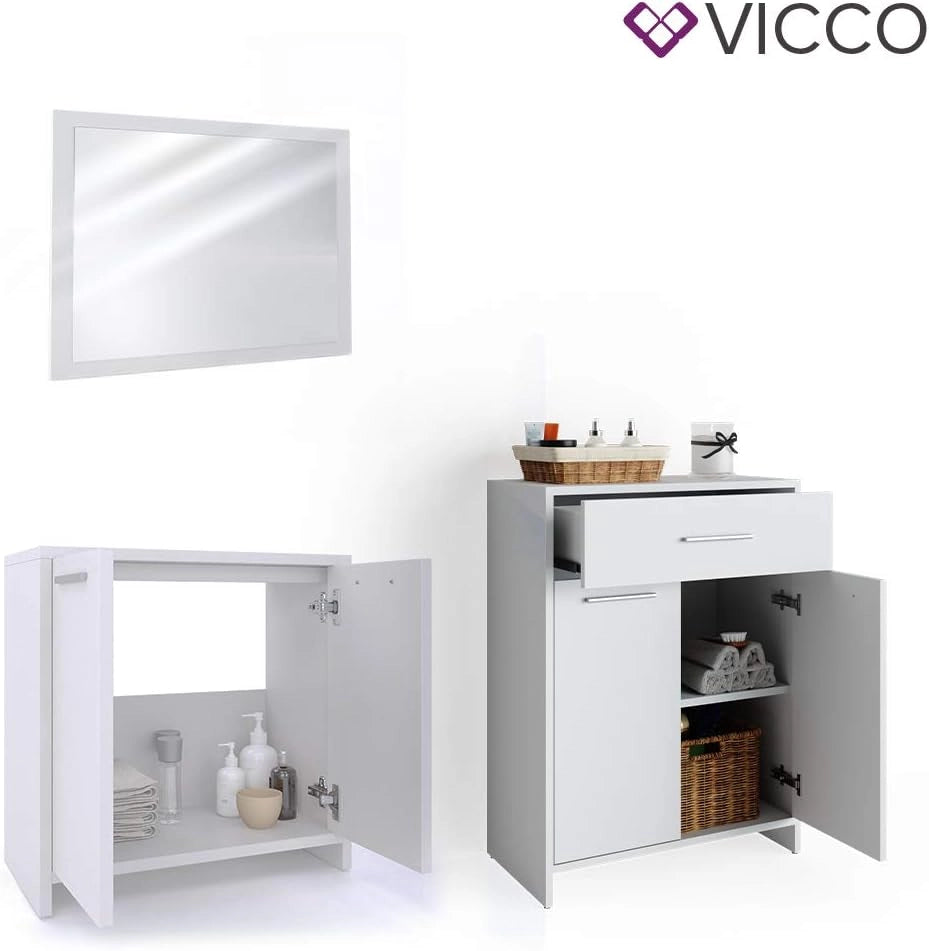 Set mobili bagno Kiko, Bianco, 58 cm, composto da mobile sottolavabo, specchiera e mobile medio