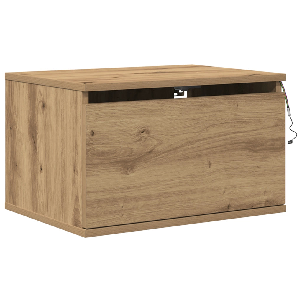 Comodino  con LED montato a parete in rovere artigianale 50x36x30 cm