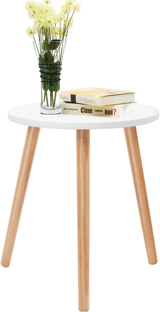 Tavolino da Caffè Rotondo, Tavolino da Soggiorno in Legno per Camera da Letto, Soggiorno, Balcone, Comodino con 3 Gambe in Pino, Bianco, 40x40x48cm