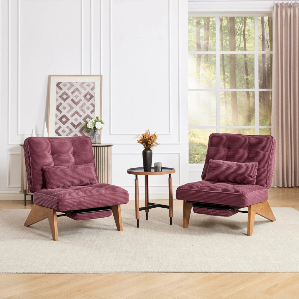 Poltrona lounge reclinabile in velluto a coste; con cuscino lombare; gambe in legno; bordeaux
