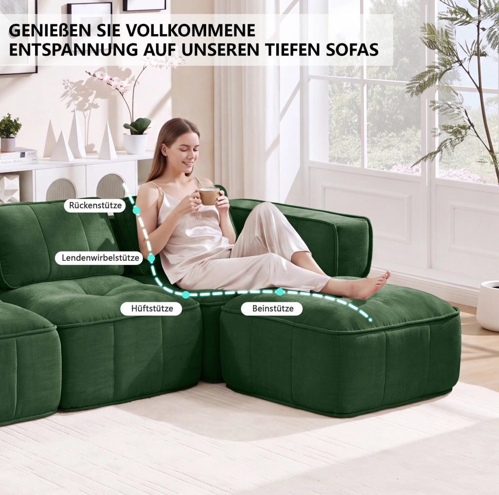 Divano modulare a L ULEVR 344x162 cm 4 posti con pouf, seduta profonda e braccioli larghi, verde