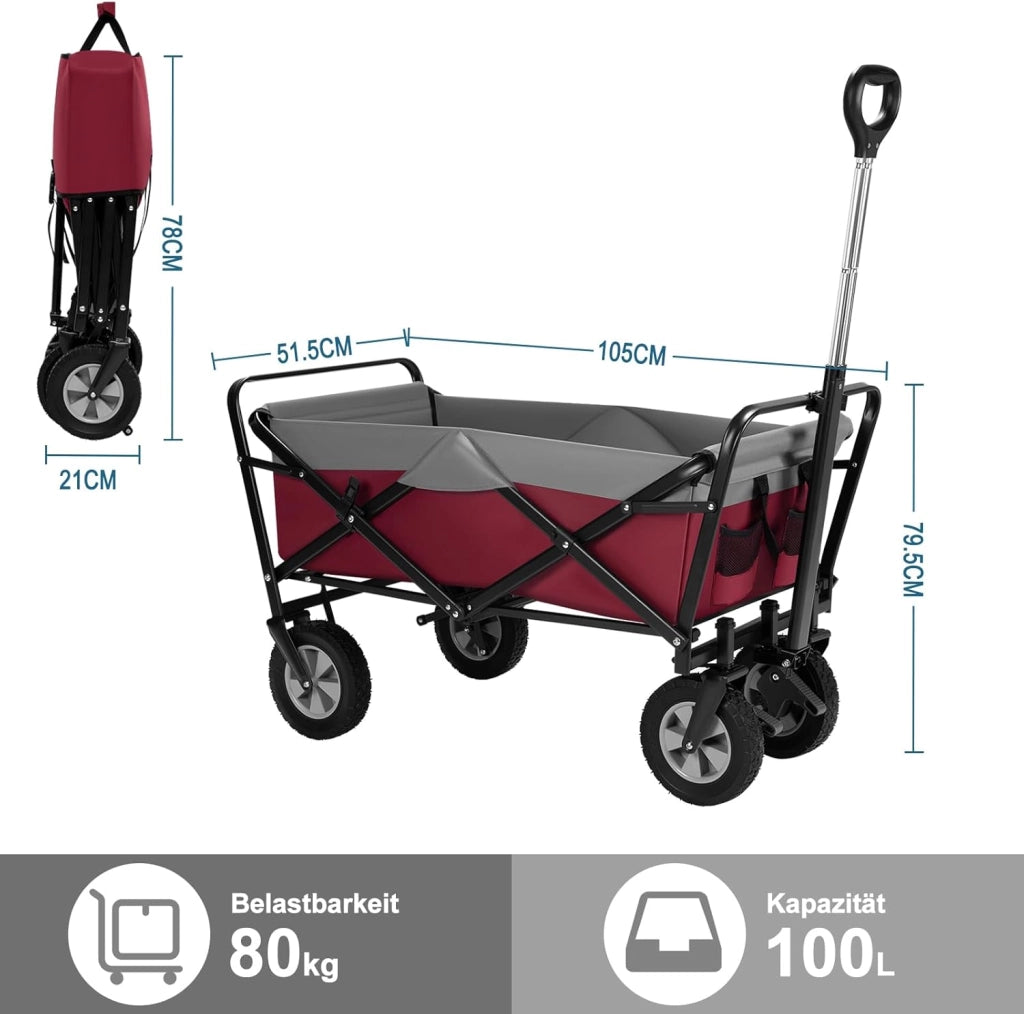 Carrello da Giardino Pieghevole, con Maniglia Regolabile, Carrello da Spiaggia Portatile con Tasche Laterali per Spesa, Picnic, Adatto a Vari Suoli, Portata 80 kg, Fucsia+Grigio