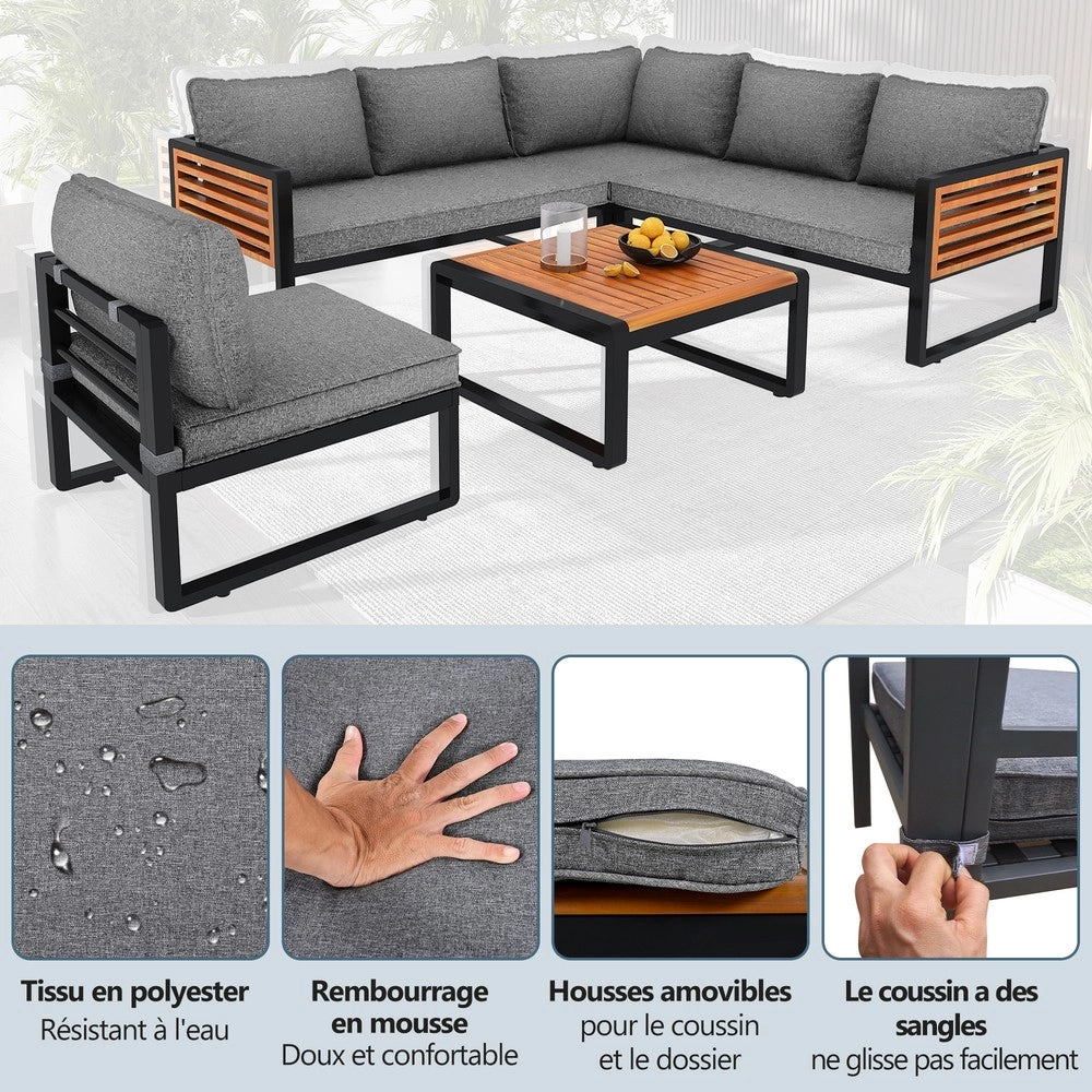 Set Divano da Giardino 5-6 Posti con Braccioli in Legno ¨C Xylo ¨C Polyrattan, Grigio