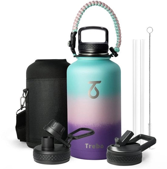 Fusto termico 2L con manico di canna, biberon in acciaio inossidabile con manico a paracorda e 3 coperchi, biberon in acciaio inossidabile con collo largo grande bottiglia sportiva tiene acqua fredda per 48 ore.