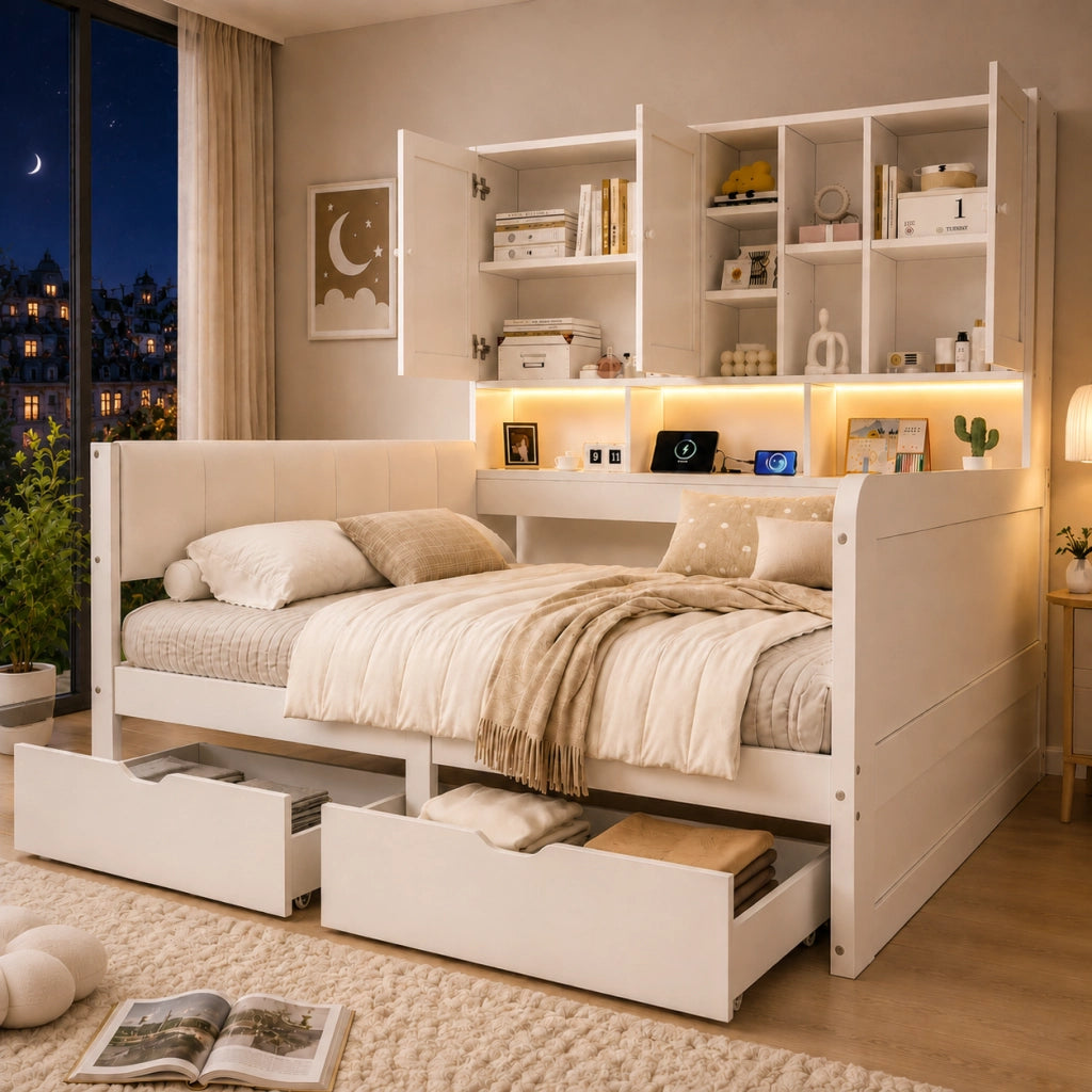 Letto contenitore 140x200 con illuminazione LED, porte USB, cassetti e testiera imbottita in PU, bianco