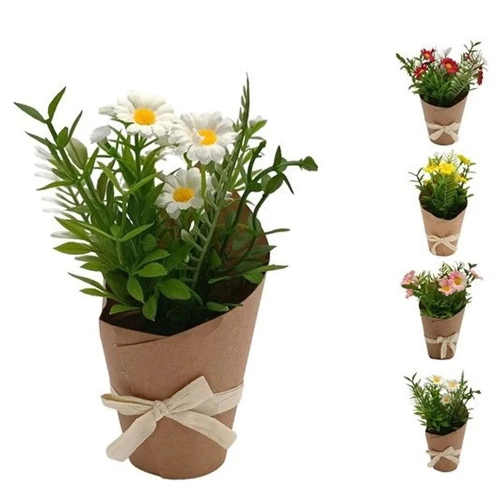 Trade Shop - Set 12pz Bouquet Di Fiori Finti Piantina Margherite Con Cartoncino Fiocco 4 Colori 656815 -