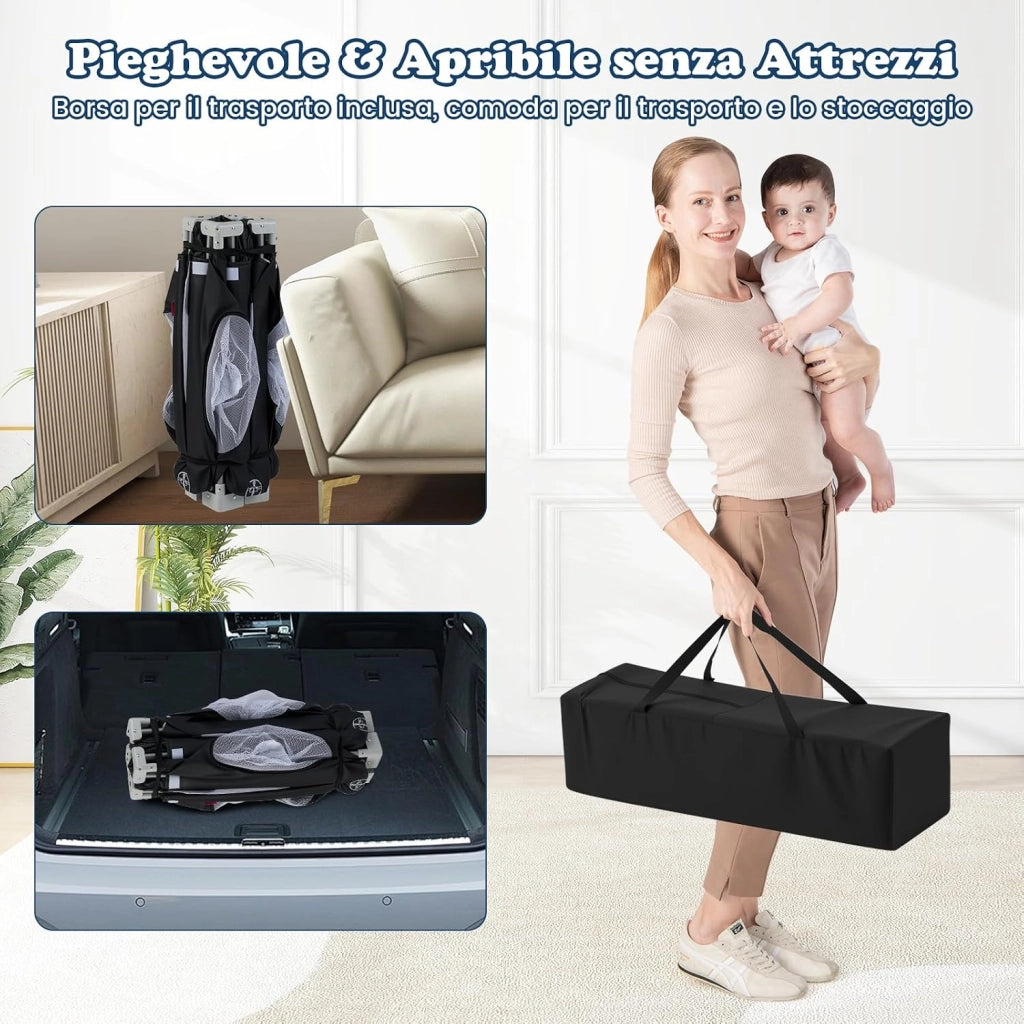 Box per Bambini 150 x 150 cm, Recinto per Neonati Pieghevole in Tessuto Oxford con Rete Traspirante, Centro Attività con 50 Palline, 4 Pezzi Anelli e Borsa (Nero, 150 x 150 cm)