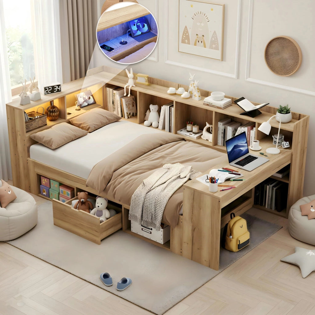 Letto Singolo con Scrivania e LED ¨C MINIMAL ¨C Legno, Contenitore, Cassetti, 90x200