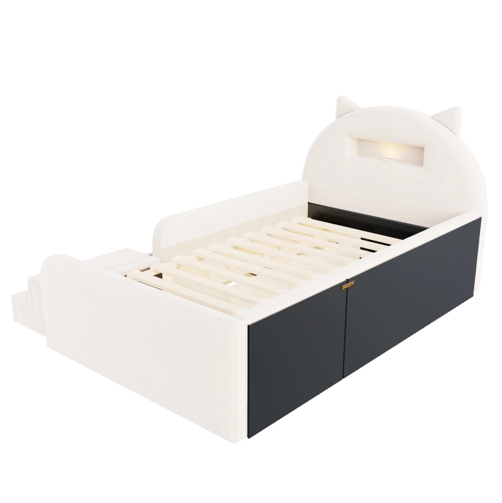 Letto imbottito per bambini 90x200 cm con contenitore; luce notturna e USB in velluto beige