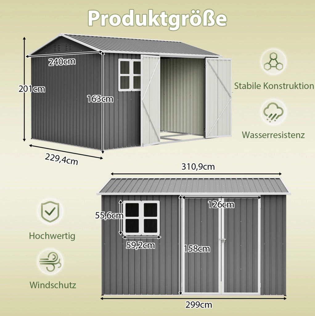 Capanno da giardino in metallo 310;9x240x201 cm grigio con finestra e 4 ventilazioni