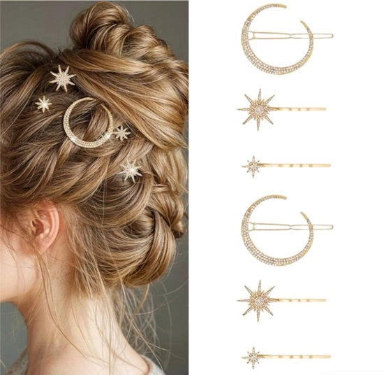 Set di 6 clip per capelli in metallo, clip stellari e lunari, clip per la sposa, accessori per capelli per donne e ragazze, dorati