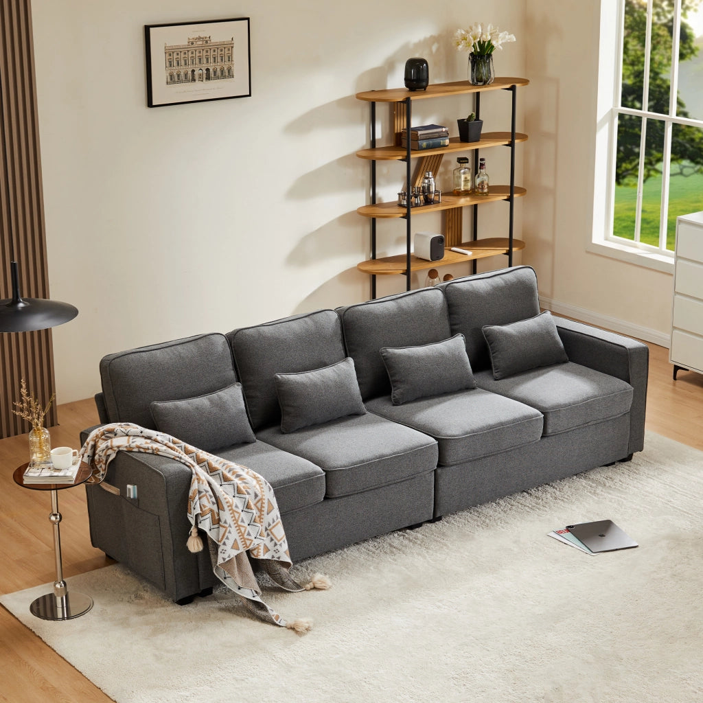 Divano 4 Posti con Tasche sui Braccioli; 4 Cuscini Lombari e Schienale Alto in Tessuto di Lino Grigio Scuro 264 × 83 × 87 cm