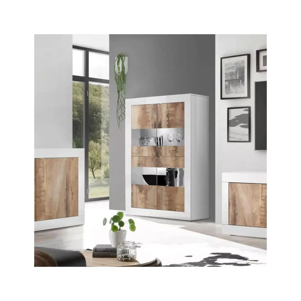 Vetrina 4 porte, collezione ISORA, color bianco lucido laccato e rovere chiaro