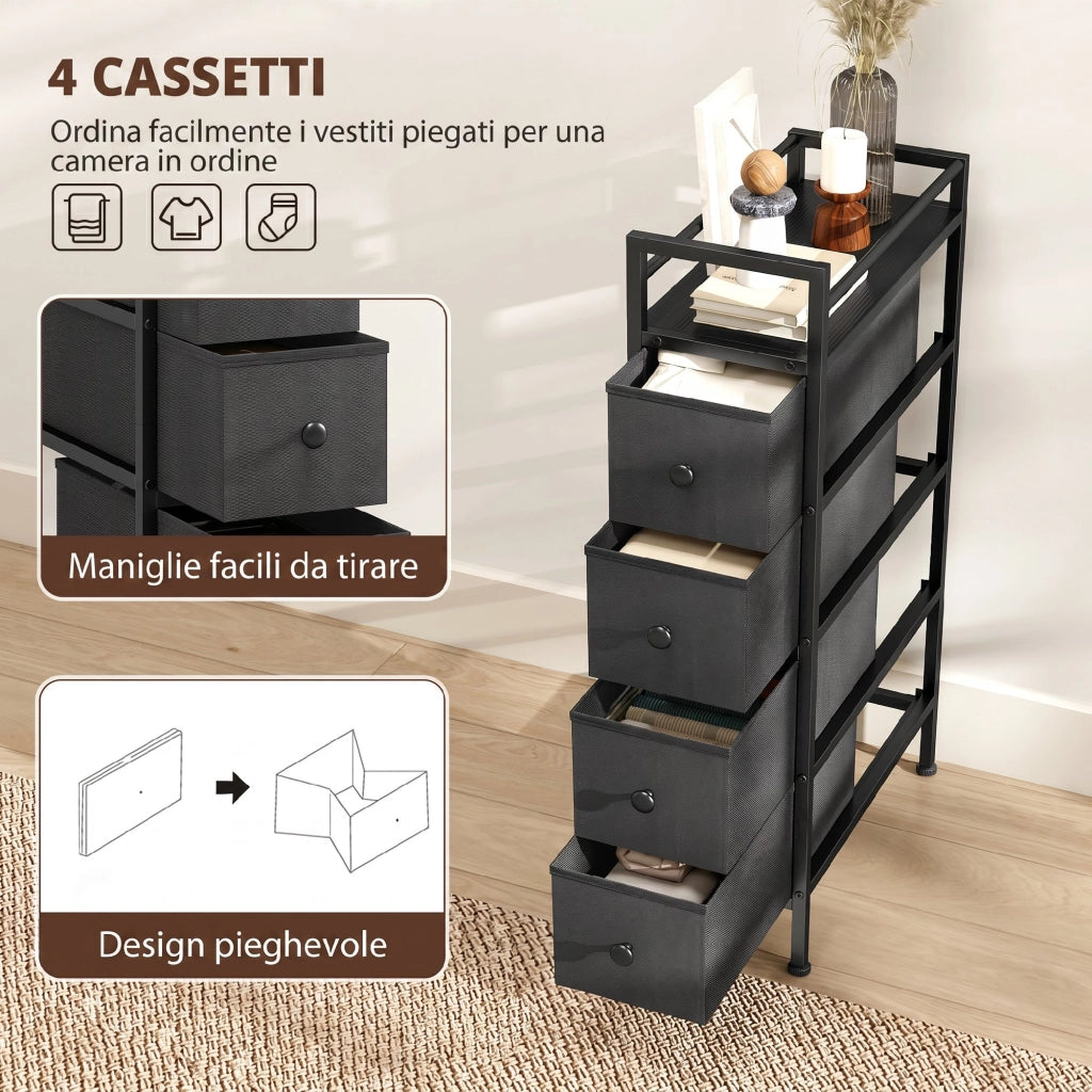 Cassettiera Slim Salvaspazio 20x43x81,5 cm con 4 Cassetti Telaio in Acciaio in Tessuto Nero